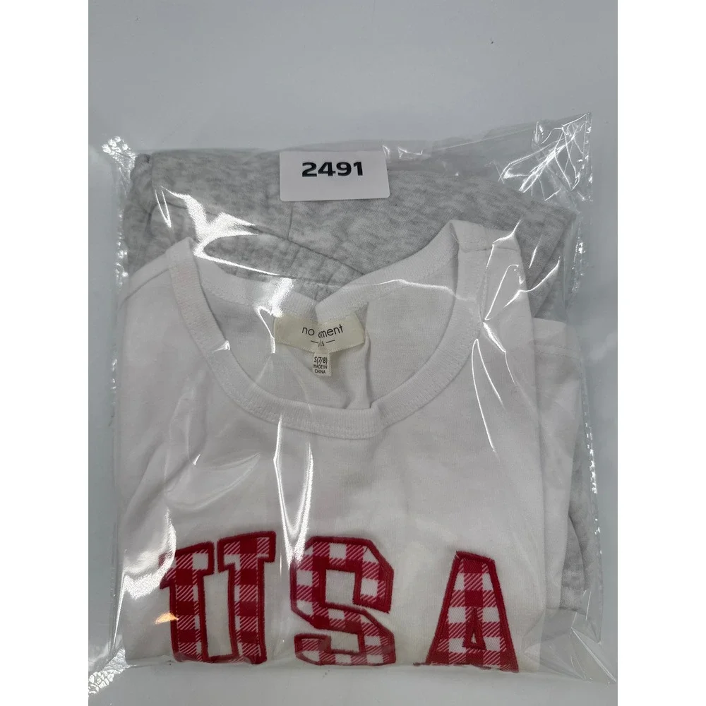 No Comment Girls USA Gingham Graphic Tee and Star Shorts Set White Gray Size 7/8
